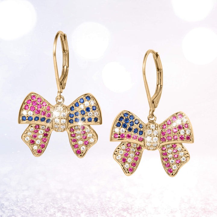 Gold-tone bow-shaped earrings from the Heritage Bow Collection featuring pink, blue, and clear sparkling stones in a delicate design perfect for elegant jewelry lovers.