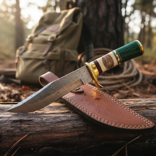 Knife with a decorative handle on a wooden surface in a forest setting. Frontier Ridge Skinner Knife by Daniel Steiger