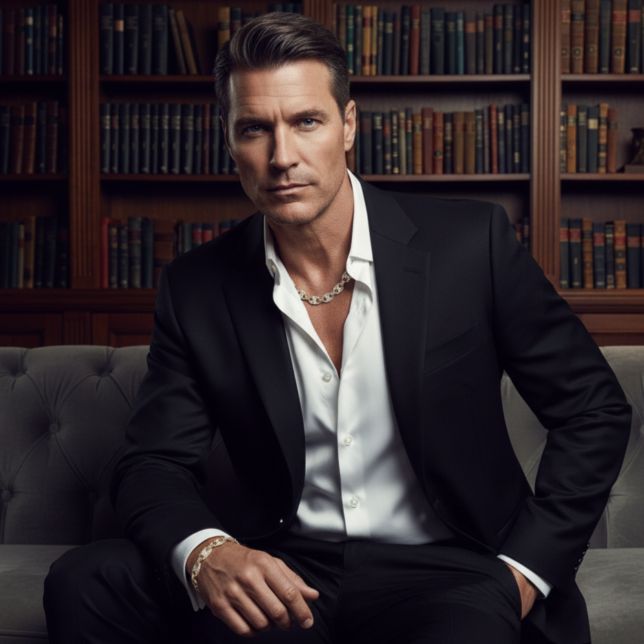 Man in a suit sitting on a couch with bookshelves in the background