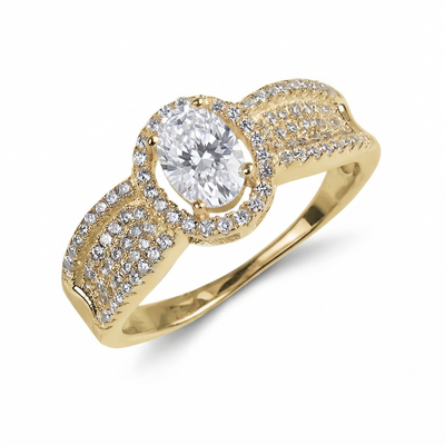 Carolina Ring featuring a stunning oval-cut center stone surrounded by sparkling accents, crafted in sterling silver with gold plating, designed for women’s jewelry collections.