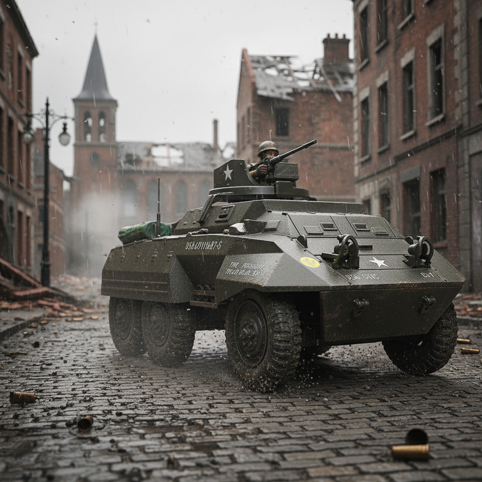 Armored vehicle in a war-torn city street with damaged buildings in the background. Ford M20 Armored Utility Car