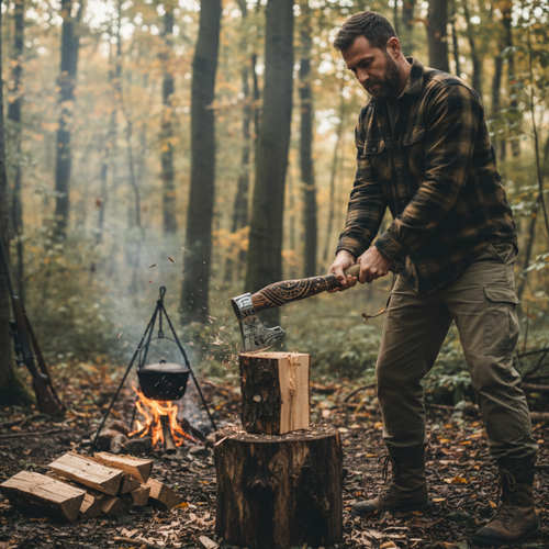 Man cutting wood with Daniel Steiger Viking Fury Axe