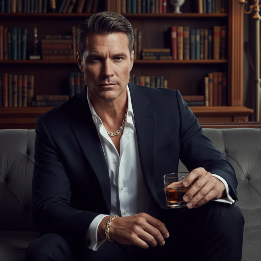 Man in a suit holding a glass of whiskey in a room with bookshelves.