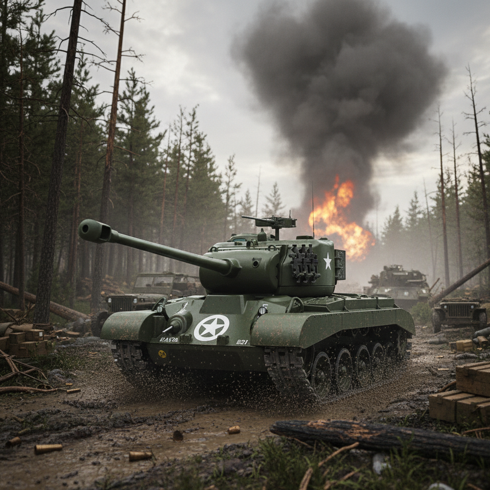 Tank in a forest with smoke and fire in the background. M26 Pershing Tank (T26E3)