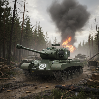 Tank in a forest with smoke and fire in the background. M26 Pershing Tank (T26E3)