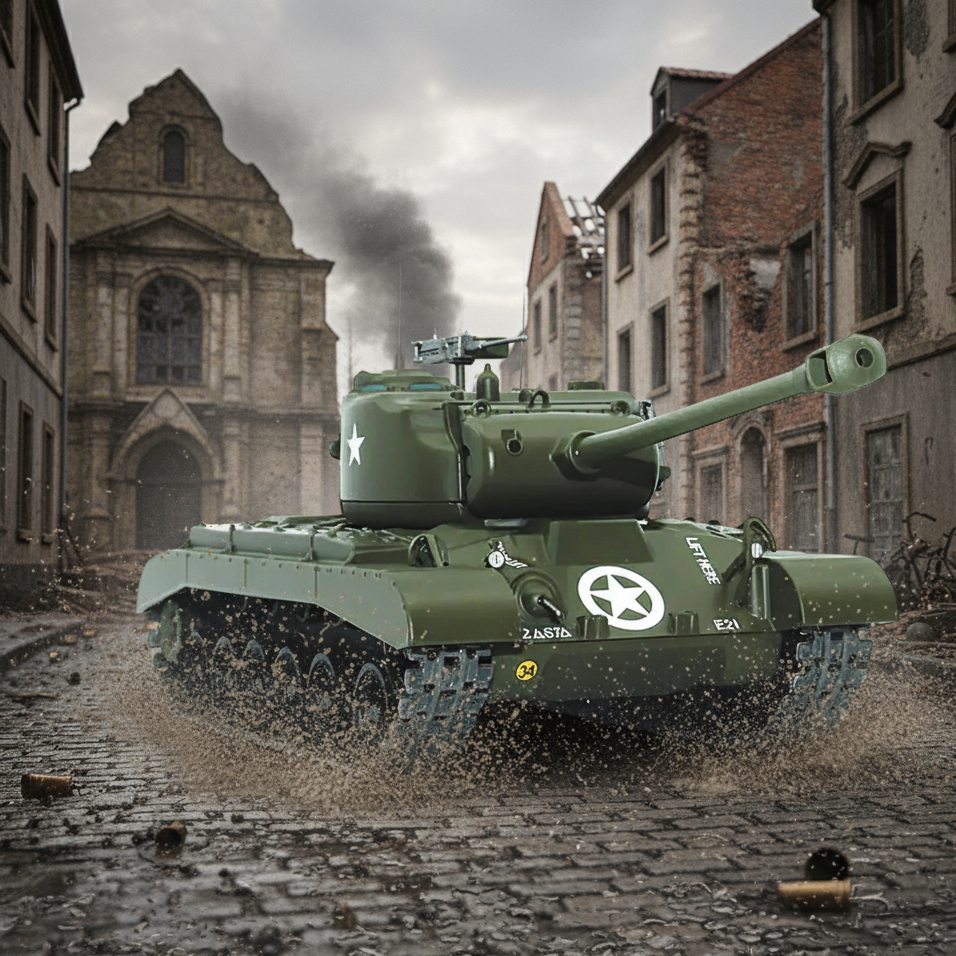 Green tank in a war-torn city street with damaged buildings and smoke in the background. M26 Pershing Tank (T26E3)