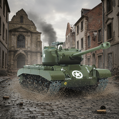 Green tank in a war-torn city street with damaged buildings and smoke in the background. M26 Pershing Tank (T26E3)