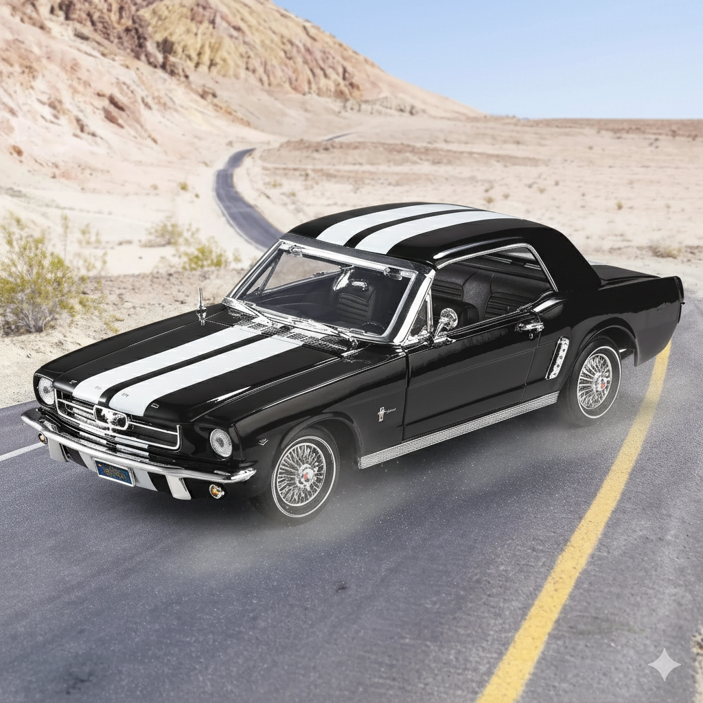 Black classic car with white stripes on a desert road