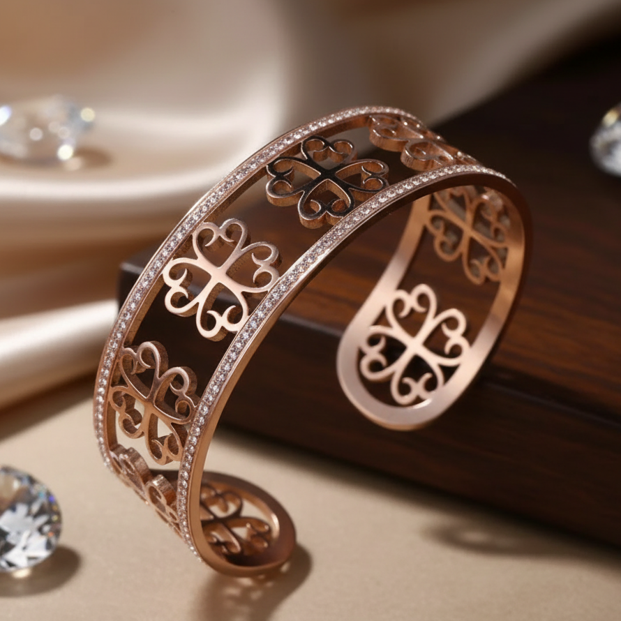 Rose gold bracelet with intricate designs on a soft surface