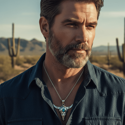 Man with a beard and necklace in a desert setting