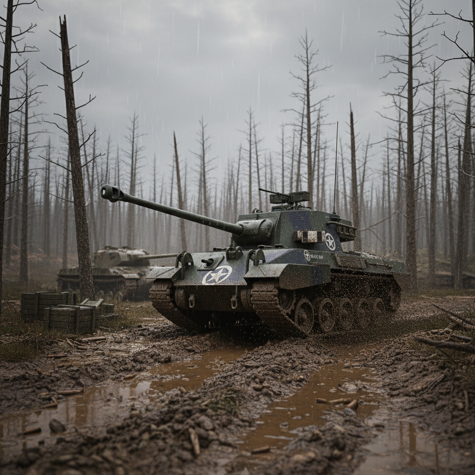 Tank in a muddy forest with a gloomy sky. M18 Hellcat Tank Destroyer Model