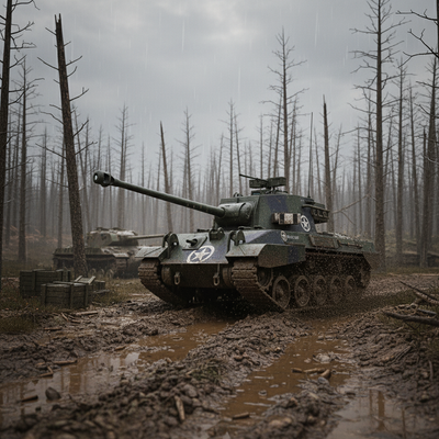 Tank in a muddy forest with a gloomy sky. M18 Hellcat Tank Destroyer Model