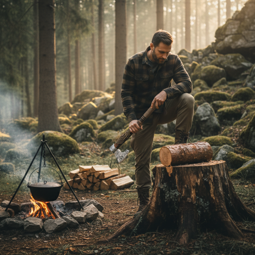 man cutting wood with Daniel Steiger Viking Fury Axe at a campfire