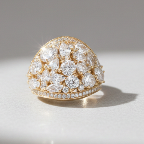 Gold ring with diamond cluster on a gray background