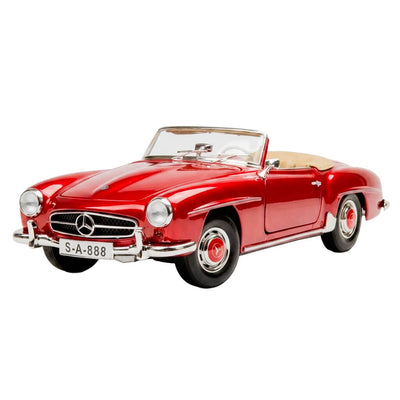 Red convertible model car of a 1955 Mercedes Benz 190SL with chrome detailing and beige interior against a white background