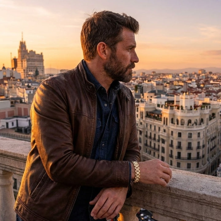 Man in a brown leather jacket overlooking a cityscape at sunset. Daniel Steiger Marcos Men's Bracelet