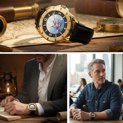 Gold watch with black strap on a wooden surface, surrounded by books and a lantern. Mayflower Leather Men's Watch