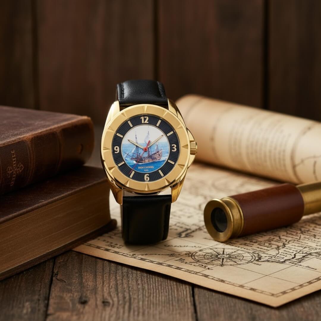 Gold watch with black leather strap on an old map with books and a telescope in the background. Mayflower Leather Men's Watch