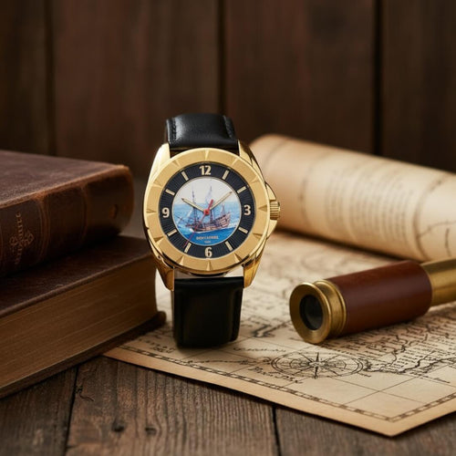 Gold watch with black leather strap on an old map with books and a telescope in the background. Mayflower Leather Men&