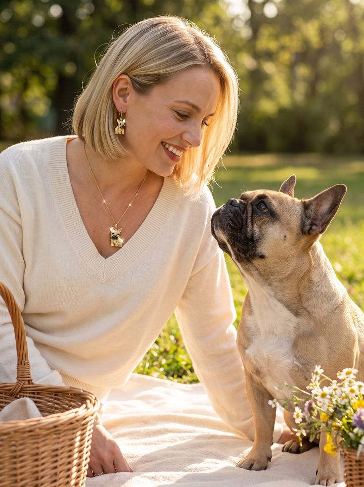 Forever Frenchie Earrings featuring charming French bulldog designs worn by a smiling woman beside an attentive French bulldog outdoors Up To 75% Off Retail