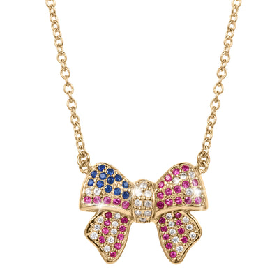 Elegant Heritage Bow Necklace pendant featuring a gold chain and decorated with sparkling blue, pink, and clear stones, perfect as a stylish jewelry necklace.