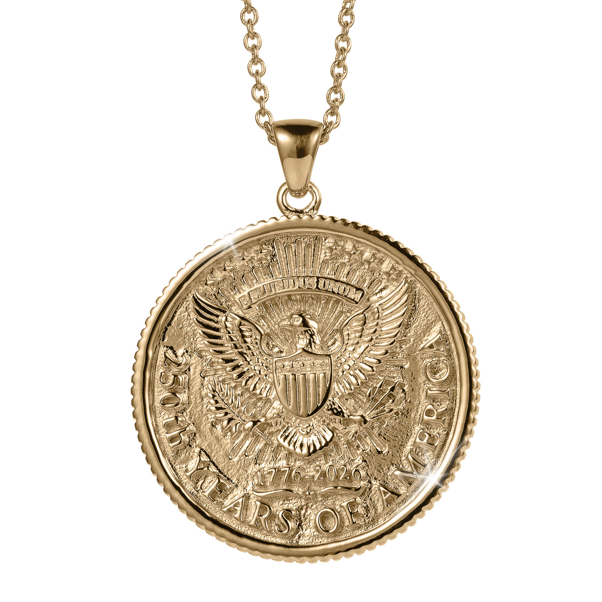 American Glory Pendant featuring a detailed gold-tone medallion with an eagle emblem, celebrating 250 years of America, hanging from a matching gold chain necklace.