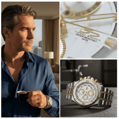 Phantom Two-Tone Men's Watch with stainless steel construction, silver dial, and elegant two-tone plating, showcased worn on a man's wrist and in detailed close-up shots.