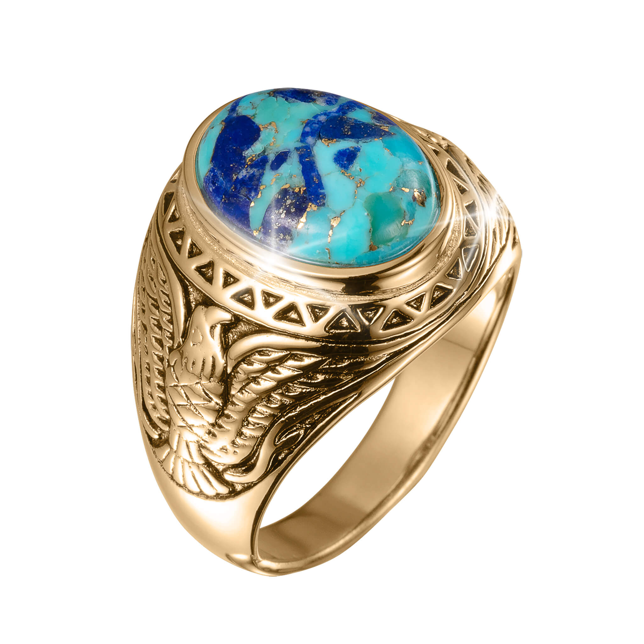 Wings Of Freedom Ring featuring a polished gold band with intricate eagle wing engravings and a large oval turquoise stone with blue and green marbling.