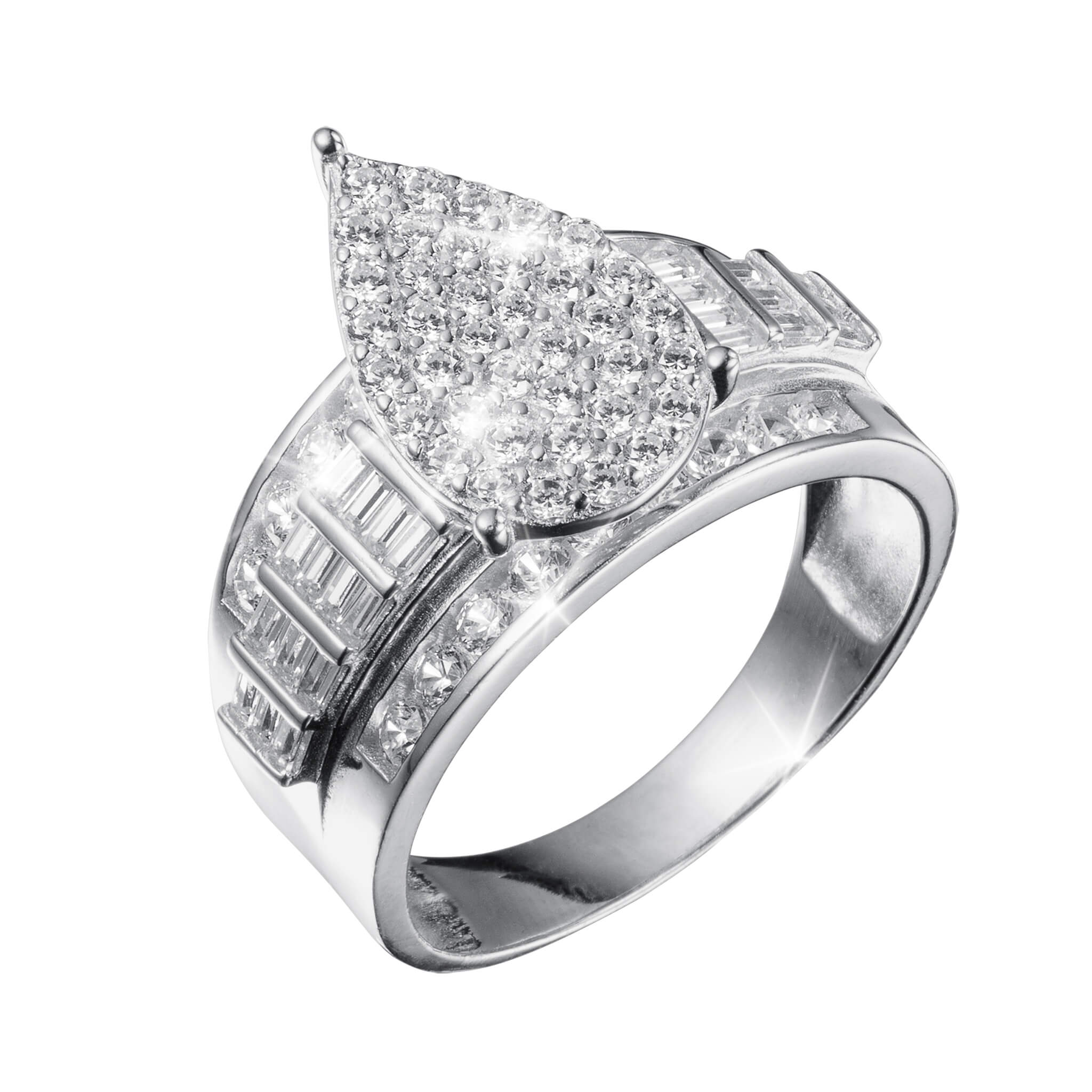 Lustrefall Ring featuring a pear-shaped cluster of sparkling stones atop a wide silver band adorned with rectangular and round clear gemstones, elegant jewelry design.