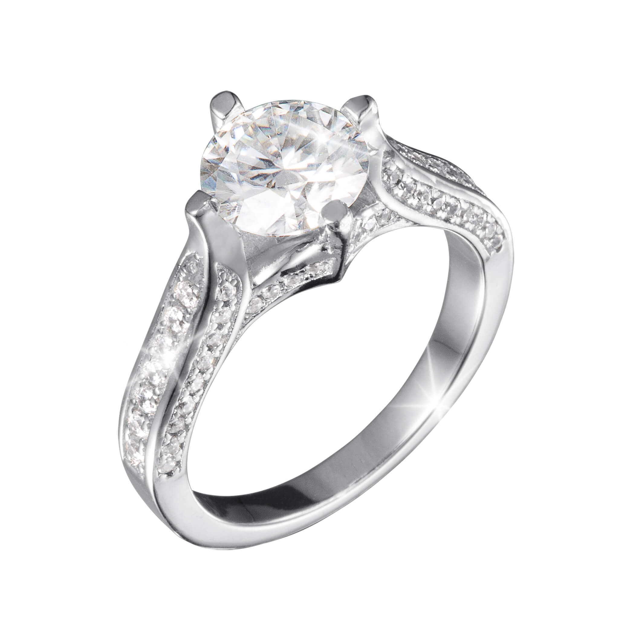 Novalyn Moissanite Ring featuring a large round center stone with a polished silver band adorned with smaller sparkling stones, a stunning jewelry piece.