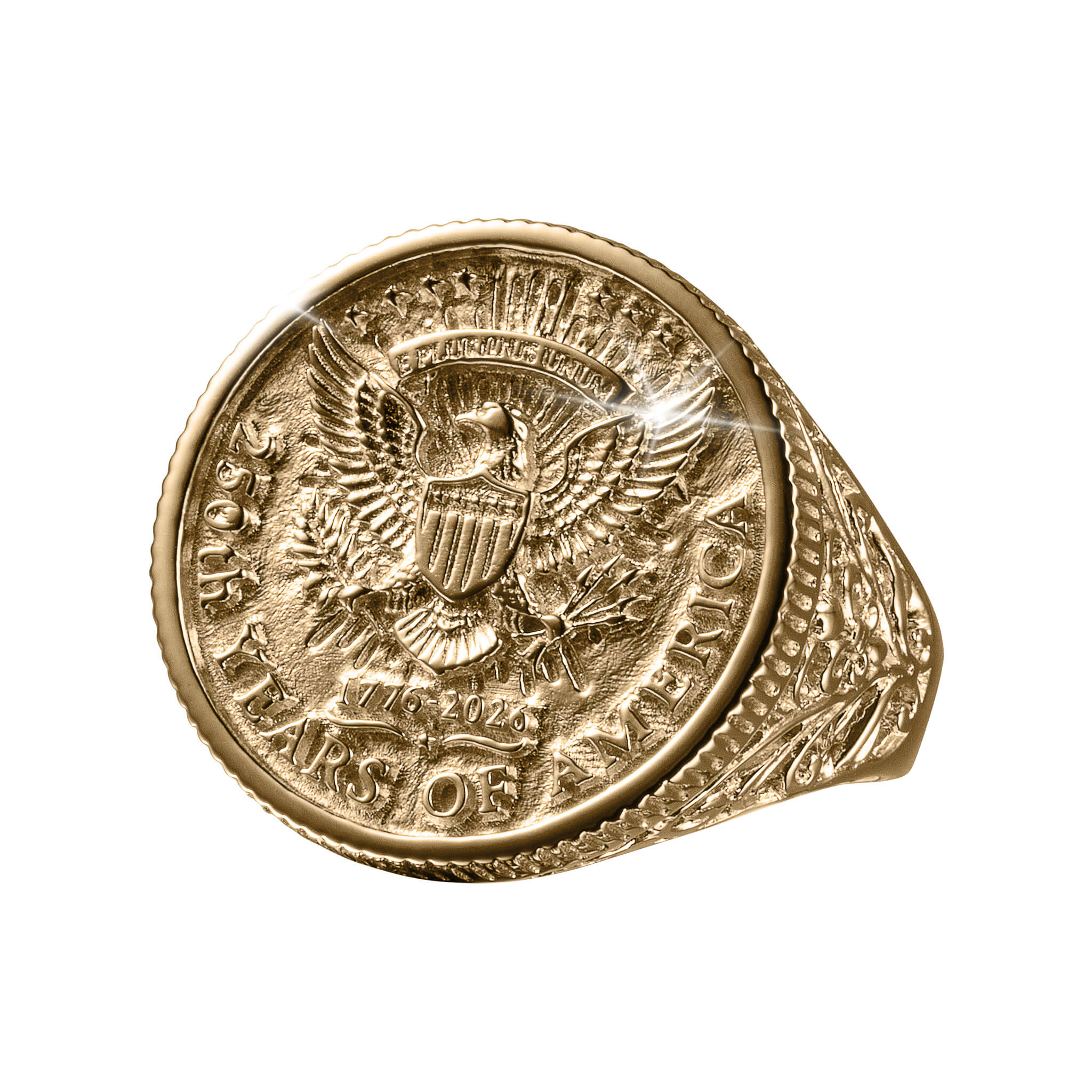 American Glory Ring featuring a detailed eagle emblem and inscription celebrating 250 years of America, crafted in polished gold-tone metal jewelry ring.