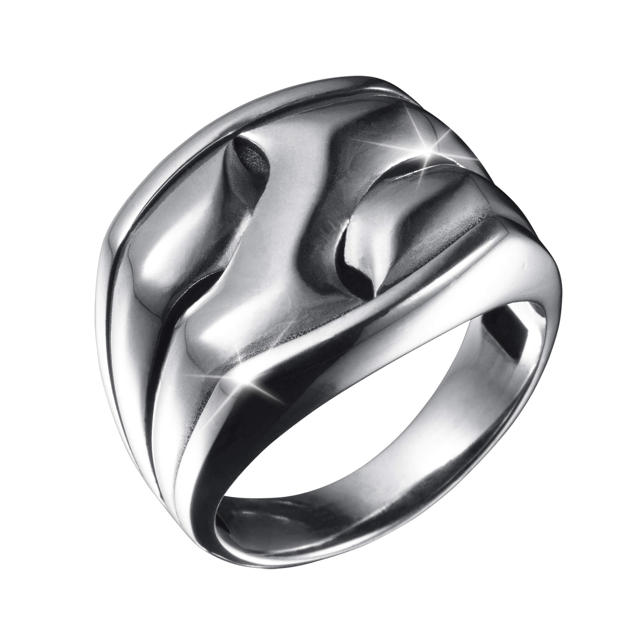 Polished silver metal Axis Interlock Men’s Ring with a bold, modern design featuring smooth interlocking elements and reflective surfaces.