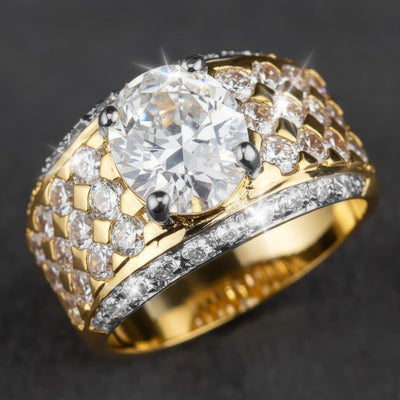 Allure Ring featuring a two-tone sterling silver design with a large central round gemstone surrounded by smaller sparkling stones, crafted for women.