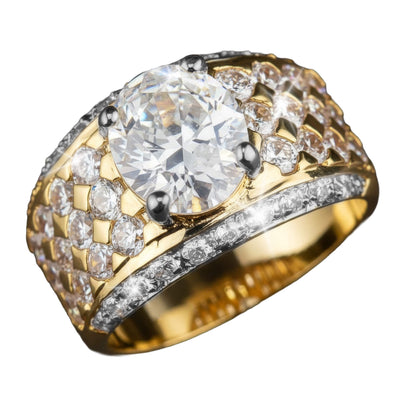 Allure Ring featuring a two-tone sterling silver band with an intricate design adorned with sparkling clear stones and a prominent round centerpiece gem for women’s jewelry.