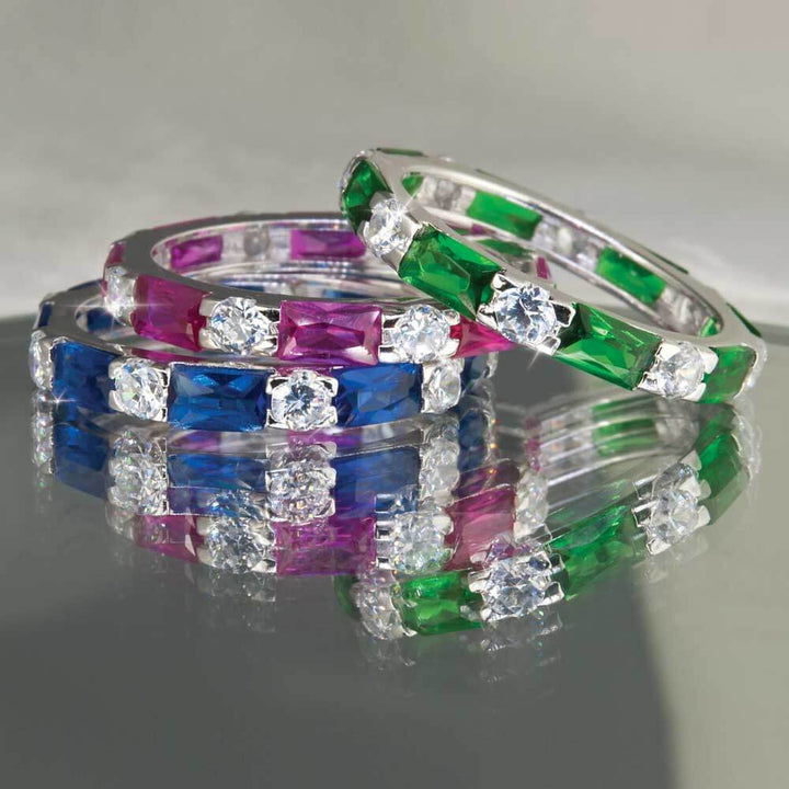 Palm Beach Stacker Rings Blue crafted in sterling silver with rhodium plating, featuring vibrant blue, green, and pink gemstones accented by sparkling clear stones in a sleek, elegant design for women.