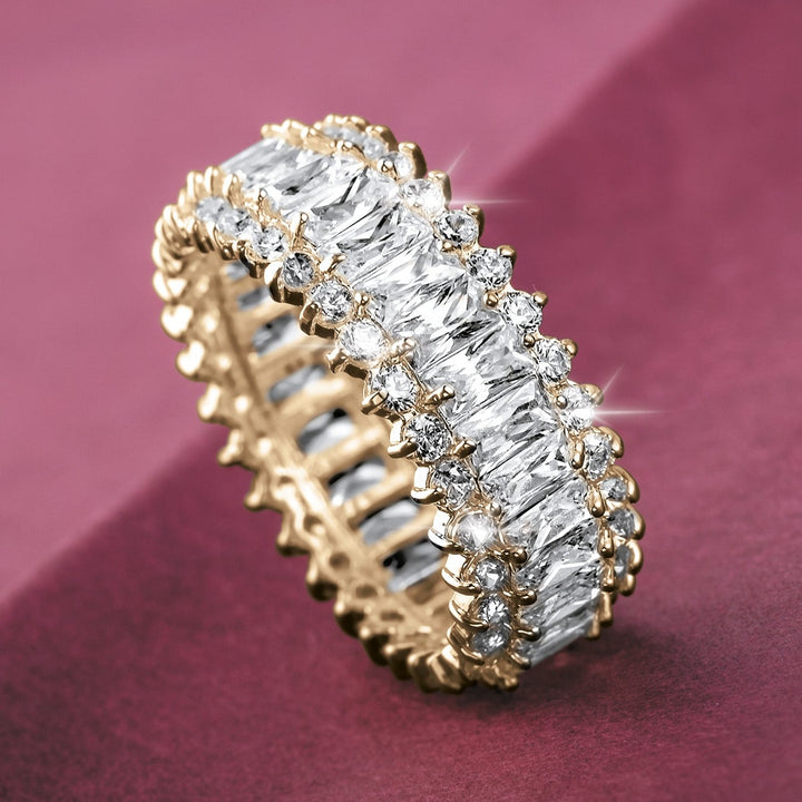 Endless Eternity Ring featuring sterling silver with gold plating, adorned with rectangular and round clear stones, designed for women’s jewelry collections.