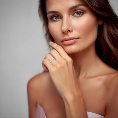 Woman wearing a Sterling Silver and gold plated Endless Eternity Ring on her finger, showcasing elegant jewelry for women.