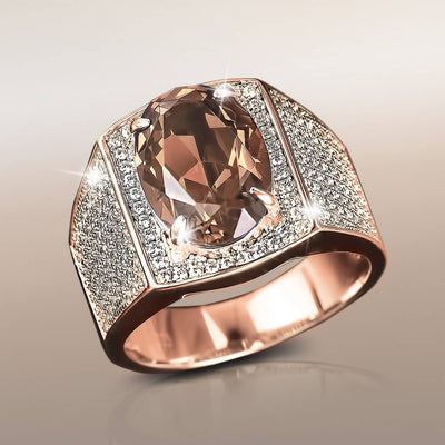 Notorious Cognac Men's Ring featuring a large cognac-colored gemstone set in sterling silver with rose gold plating and encrusted with sparkling crystals, designed for men.