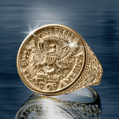 American Glory Ring featuring a detailed gold coin design with an eagle emblem and ornate side engraving, symbolizing 250 years of American heritage and craftsmanship.