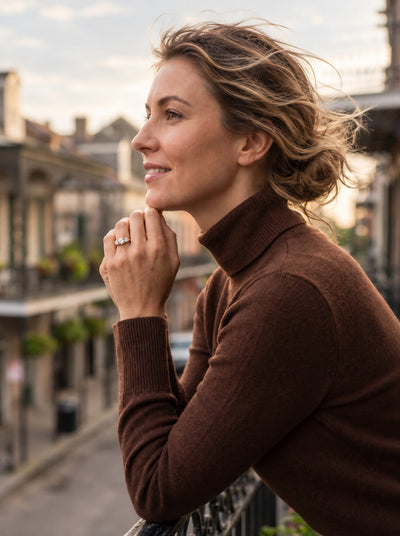 Serenata Trilogy Ring worn by a smiling woman outdoors featuring elegant jewelry styling and a timeless design Up To 75% Off Retail