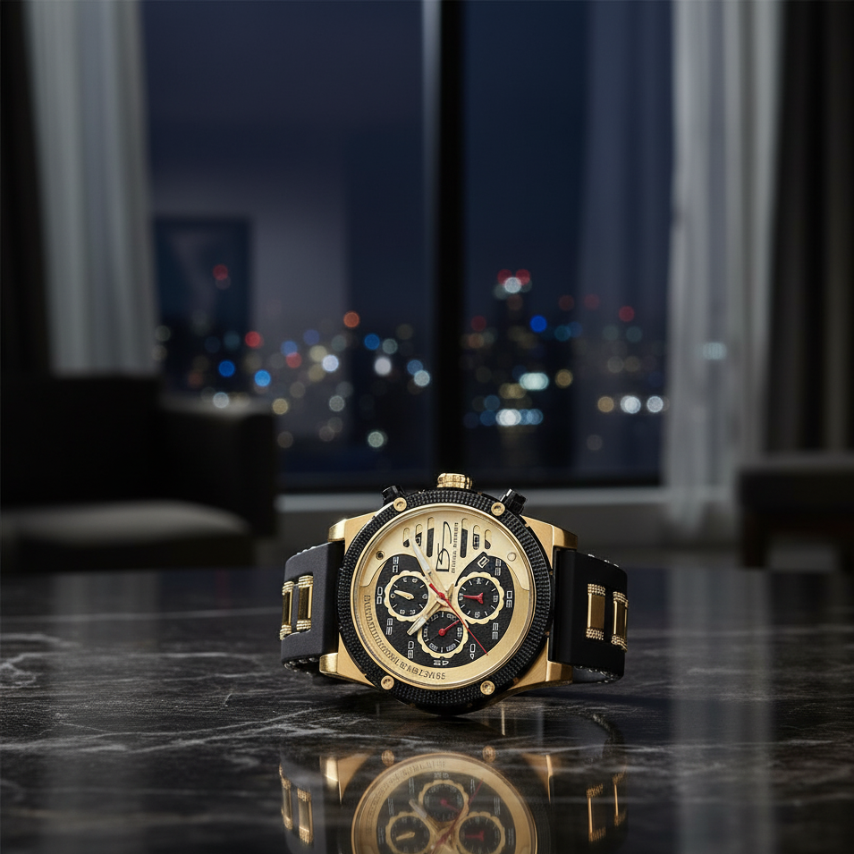 Luxury watch with gold and black strap on a reflective surface with blurred city lights in the background
