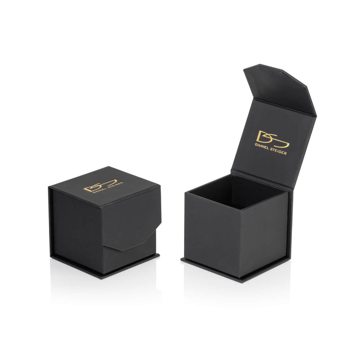 Black premium jewelry box with gold logo, designed for elegant packaging of the Baroque Ring, showcasing a refined presentation for female sterling silver and gold plated jewelry.