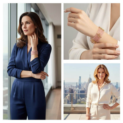 Collage of a woman in a blue outfit, close-up of jewelry, and another woman in a white outfit with a cityscape background. Rosa Cascade Bracelet