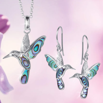 Silver hummingbird pendant and earrings with blue and green abalone inlays, over a pink flower pattern