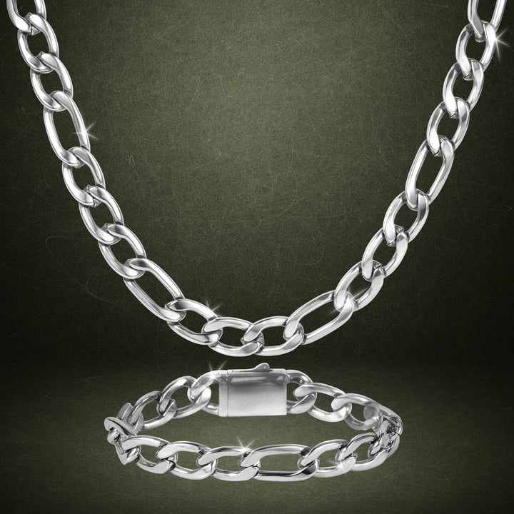 Silver chain necklace and bracelet set from Valor Figaro Collection displayed on dark textured background with Up To 75% Off Retail promotion.