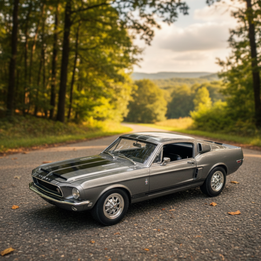 Vintage car on a road surrounded by trees. Shelby GT 500KR: Die Cast Model