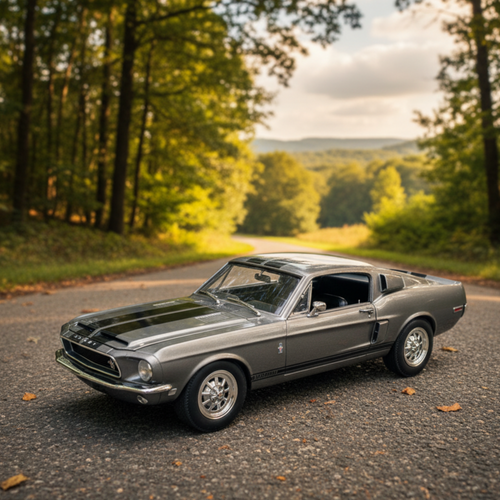 Vintage car on a road surrounded by trees. Shelby GT 500KR: Die Cast Model