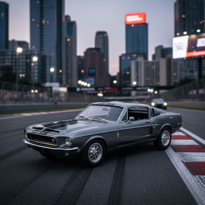 Vintage car on a city street at dusk with tall buildings in the background. Shelby GT 500KR: Die Cast Model