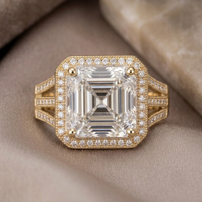 Solace Sparkle Ring featuring a large square-cut diamond surrounded by smaller diamonds on a gold band, offering elegant jewelry with Up To 75% Off Retail.