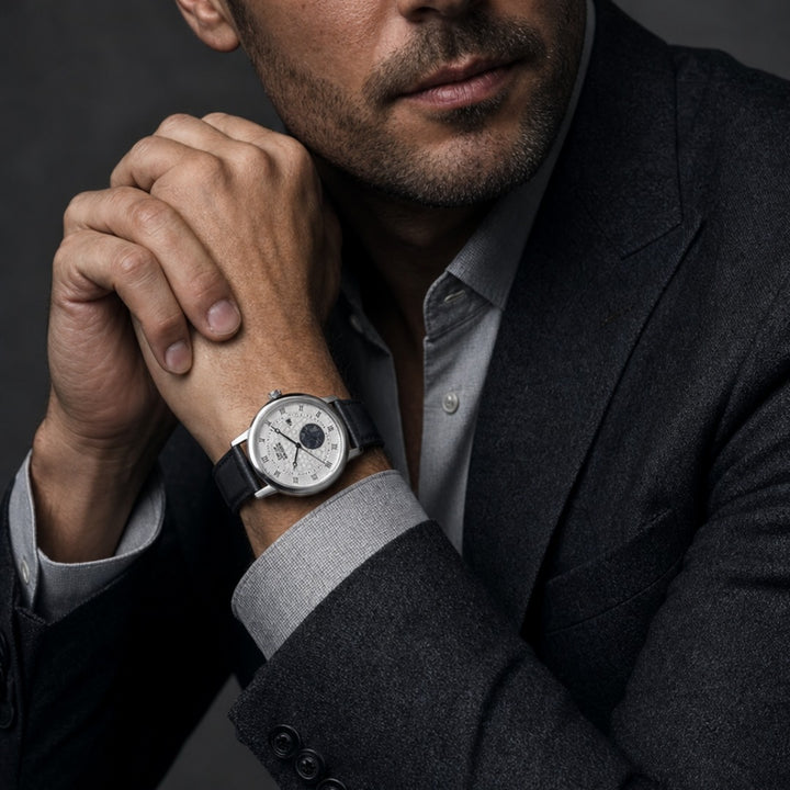 A stylish male model wearing a Meteorite White Watch with a black leather strap, dressed in a dark blazer and light shirt, showcasing elegance and sophistication, Up To 75% Off Retail.